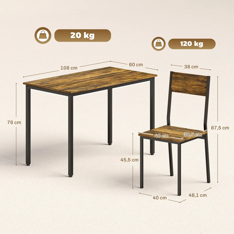 Ensemble table et 4 chaises cuisine 108 x 60 x 76 cm gain de place industriel en panneau de particules brun rustique 21_0003386