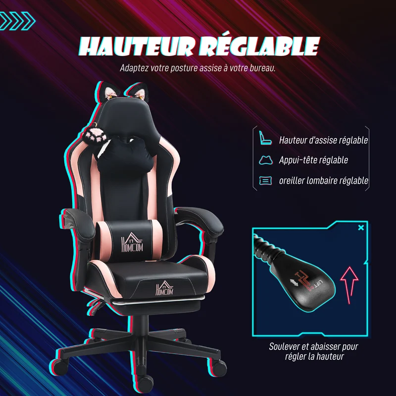 Chaise de jeu ergonomique 65 x 62 x 124 cm inclinable 135° repose-pieds rétractable ludique contemporain en PU noir 21_0006281