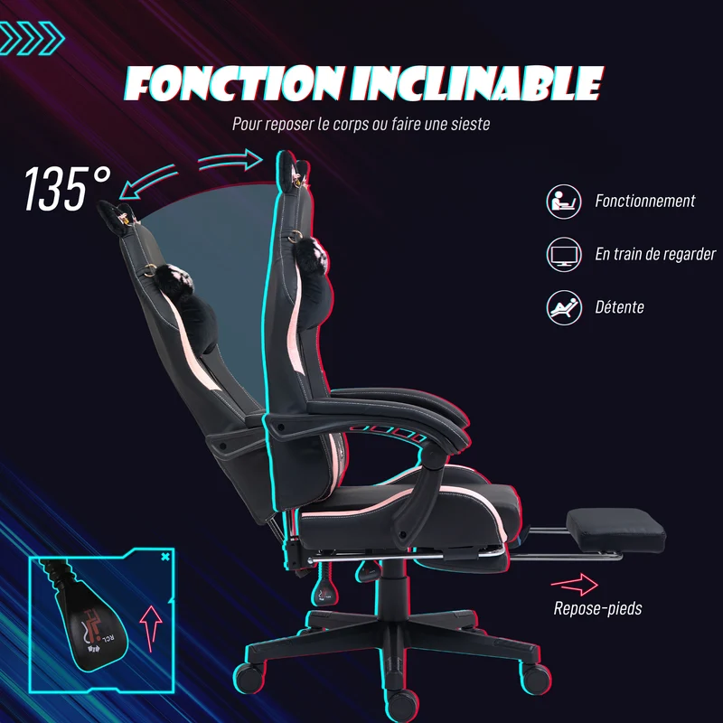 Chaise de jeu ergonomique 65 x 62 x 124 cm inclinable 135° repose-pieds rétractable ludique contemporain en PU noir 21_0006281