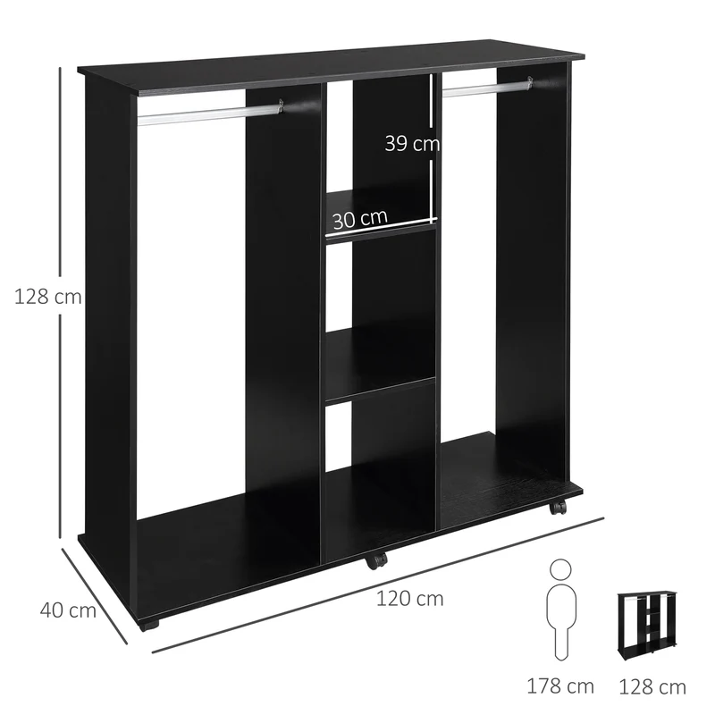 Armoire penderie mobile chambre 120 x 40 x 128 cm grand rangement six roulettes épuré en panneaux de particules noir 21_0001422