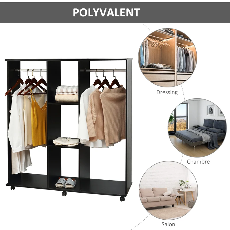 Armoire penderie mobile chambre 120 x 40 x 128 cm grand rangement six roulettes épuré en panneaux de particules noir 21_0001422