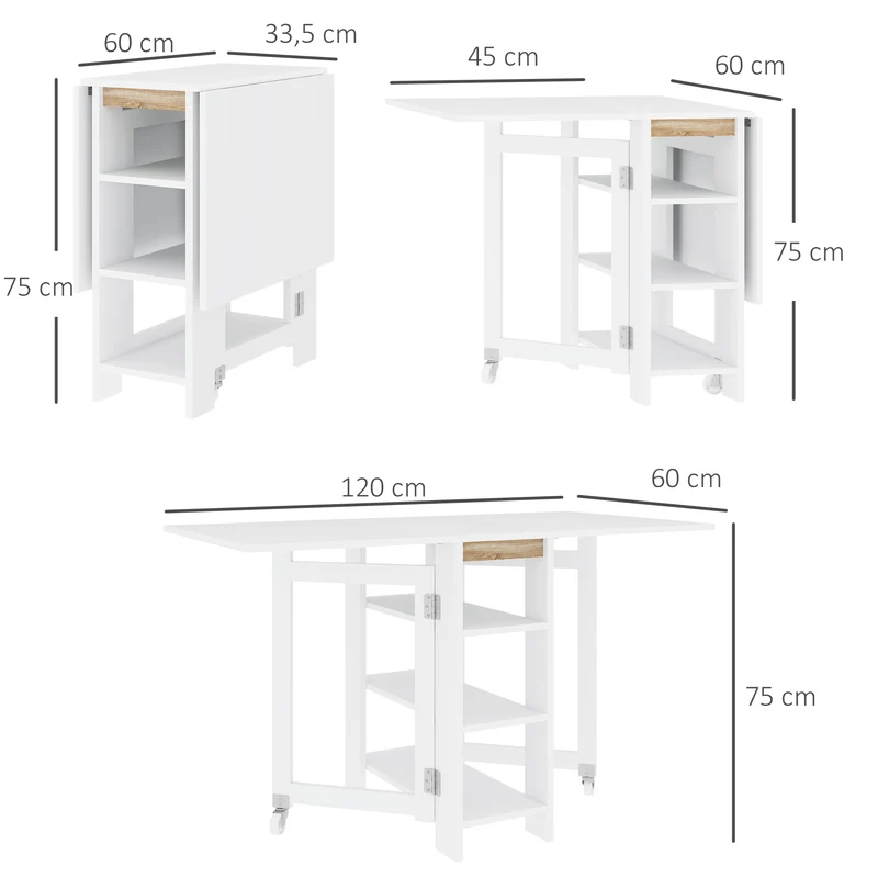 Table cuisine pliante 120 x 60 x 75 cm gain de place 3 étagères salon moderne et épuré en panneau de particules blanc 21_0003238