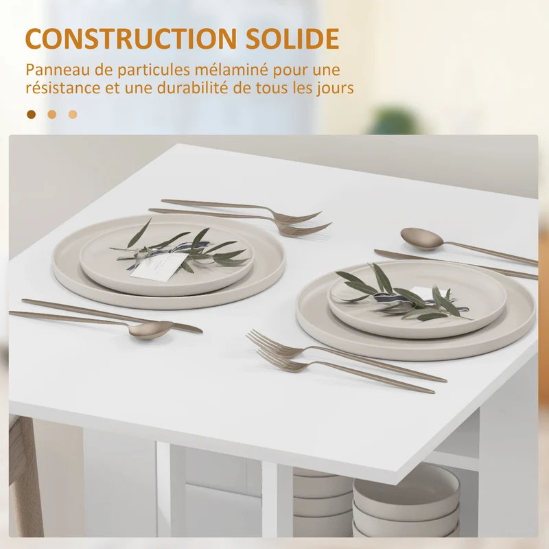 Table cuisine pliante 120 x 60 x 75 cm gain de place 3 étagères salon moderne et épuré en panneau de particules blanc 21_0003238
