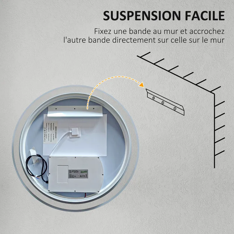Miroir rond salle de bain led 60 x 60 x 3 cm antibuée tactile luminosité réglable style moderne épuré en verre argent 21_0001968