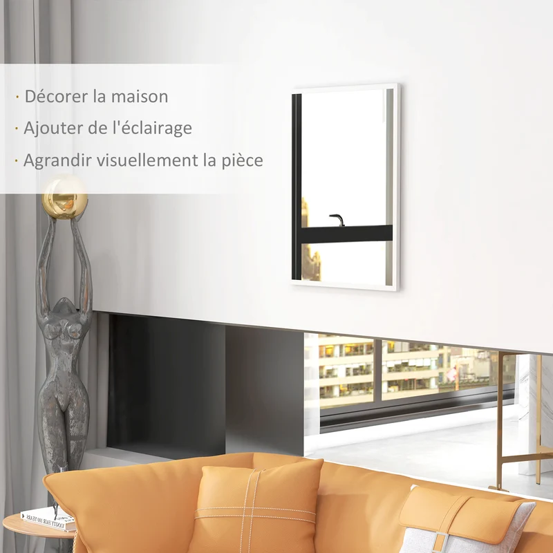 Miroir mural rectangulaire entrée 60 x 80 cm fixation horizontale et verticale éclairant moderne élégant en MDF blanc 21_0001359