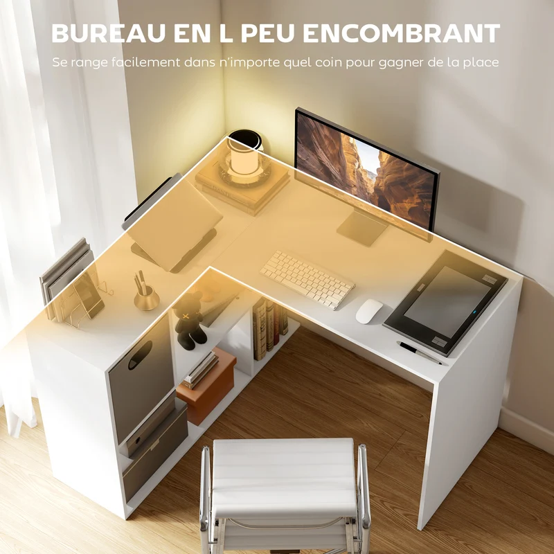 Bureau d'angle 110 x 100 x 75 cm gain de place tiroir fermé compartiments modulables épuré en panneau de particules blanc 21_0006142