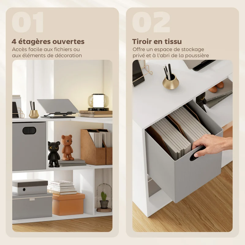 Bureau d'angle 110 x 100 x 75 cm gain de place tiroir fermé compartiments modulables épuré en panneau de particules blanc 21_0006142