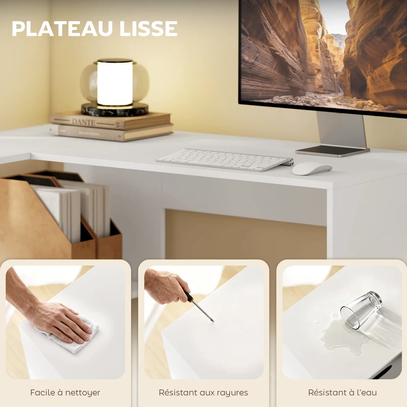 Bureau d'angle 110 x 100 x 75 cm gain de place tiroir fermé compartiments modulables épuré en panneau de particules blanc 21_0006142