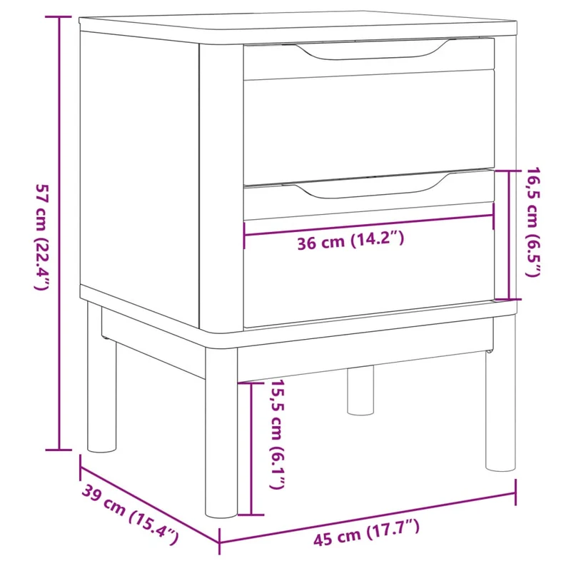 Table de chevet avec deux tiroirs 45 x 39 x 57 cm bois de pin massif blanc DEC033913