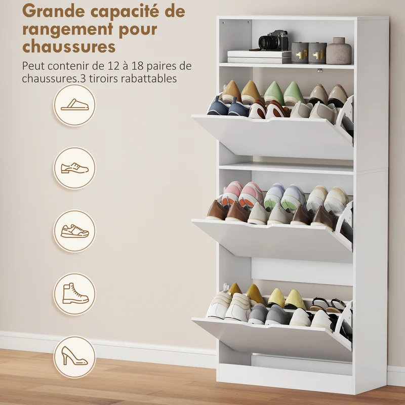 Meuble à chaussures d'entrée 60 x 26 x 140 cm optimisation d'espace avec étagères réglables épuré moderne en MDF blanc 21_0002816
