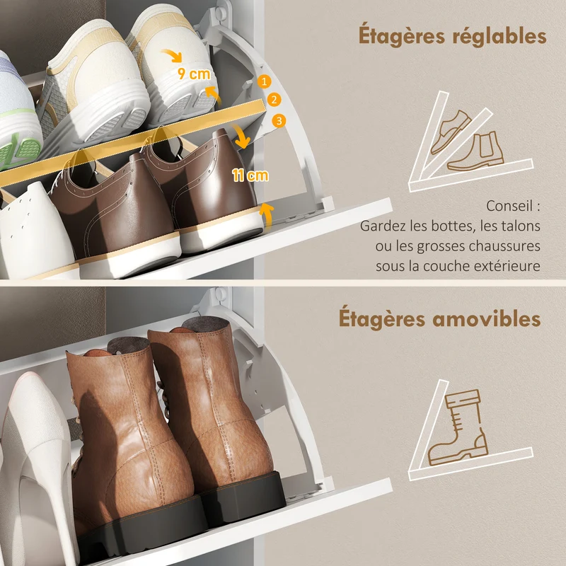 Meuble à chaussures d'entrée 60 x 26 x 140 cm optimisation d'espace avec étagères réglables épuré moderne en MDF blanc 21_0002816