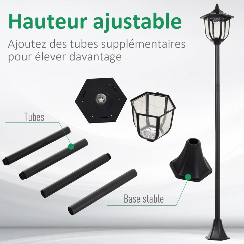 Lampadaire extérieur solaire 26.5 x 26.5 x 177 cm allumage automatique classique décoratif en acier inoxydable noir 21_0006994