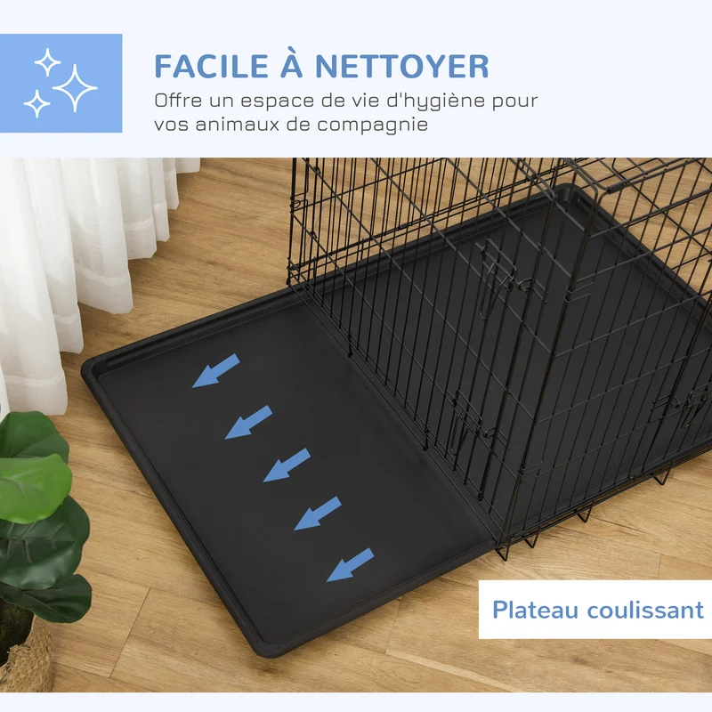 Cage de transport pliable pour chien 121 x 77 x 82 cm 2 portes sécurisées plateau amovible moderne épuré en acier noir 21_0007206