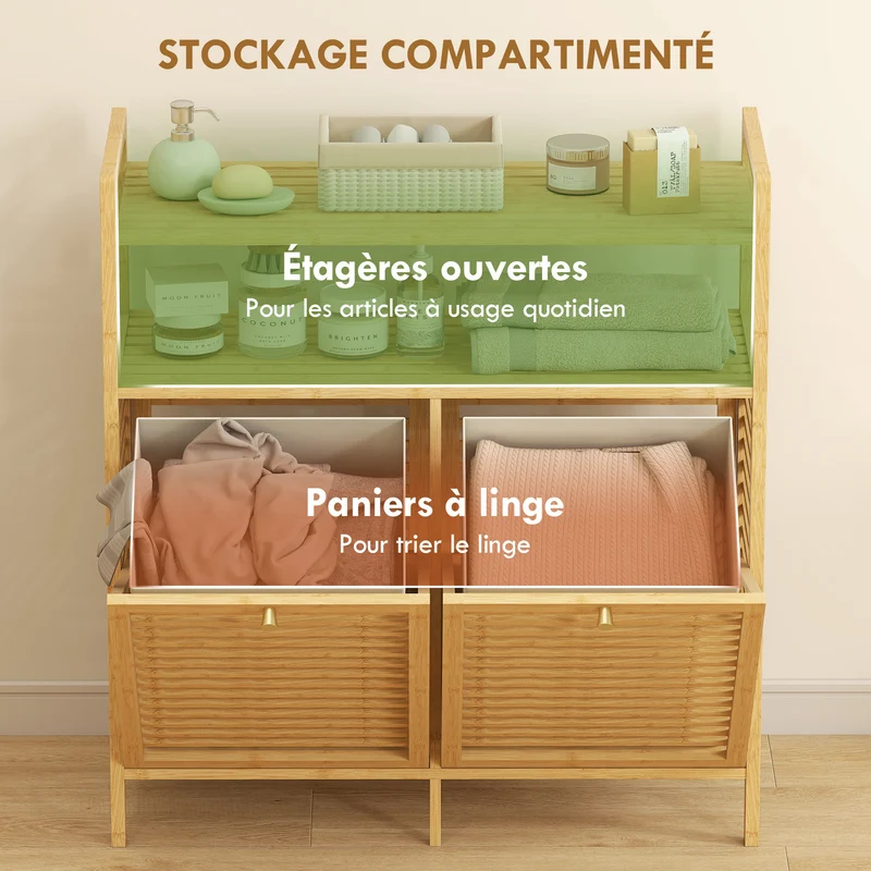 Meuble de salle de bain armoire 82 x 33 x 88 cm 2 paniers 41 l 2 étagères rangement aéré épuré en bambou bois naturel 21_0002112