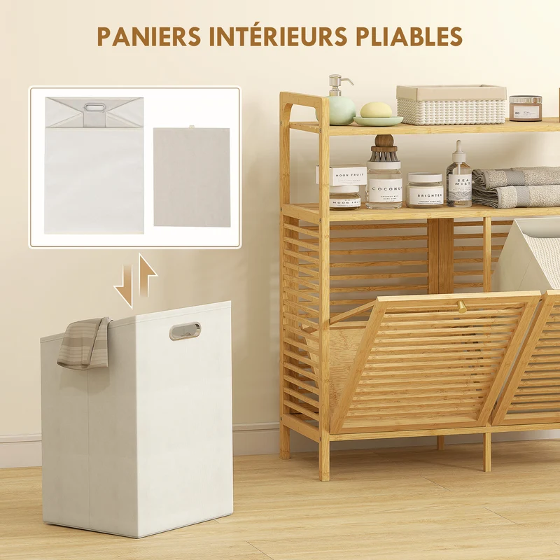 Meuble de salle de bain armoire 82 x 33 x 88 cm 2 paniers 41 l 2 étagères rangement aéré épuré en bambou bois naturel 21_0002112