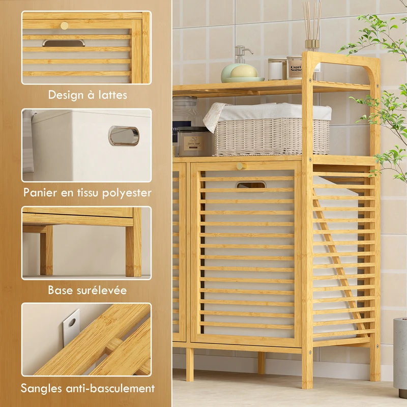 Meuble de salle de bain armoire 82 x 33 x 88 cm 2 paniers 41 l 2 étagères rangement aéré épuré en bambou bois naturel 21_0002112
