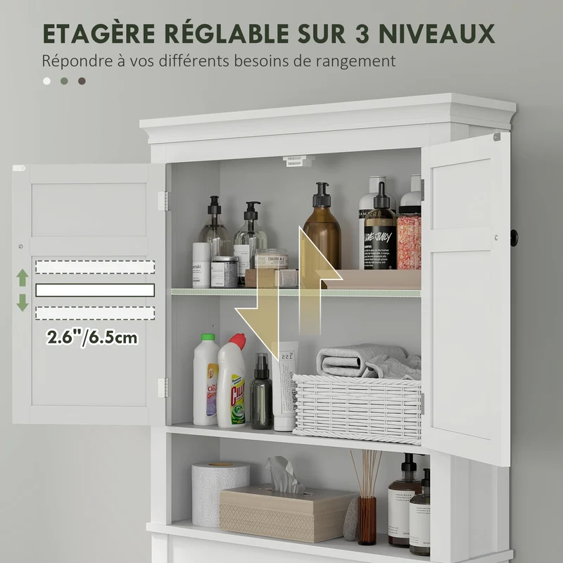 Meuble au-dessus de toilettes 70 x 20 x 175 cm gain de place étagère ajustable anti-basculement épuré en MDF blanc 21_0002035