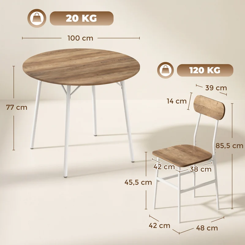 Lot de 5 ensemble table ronde salle à manger 100 x 100 x 77 cm gain de place pratique style industriel en bois naturel 21_0003410