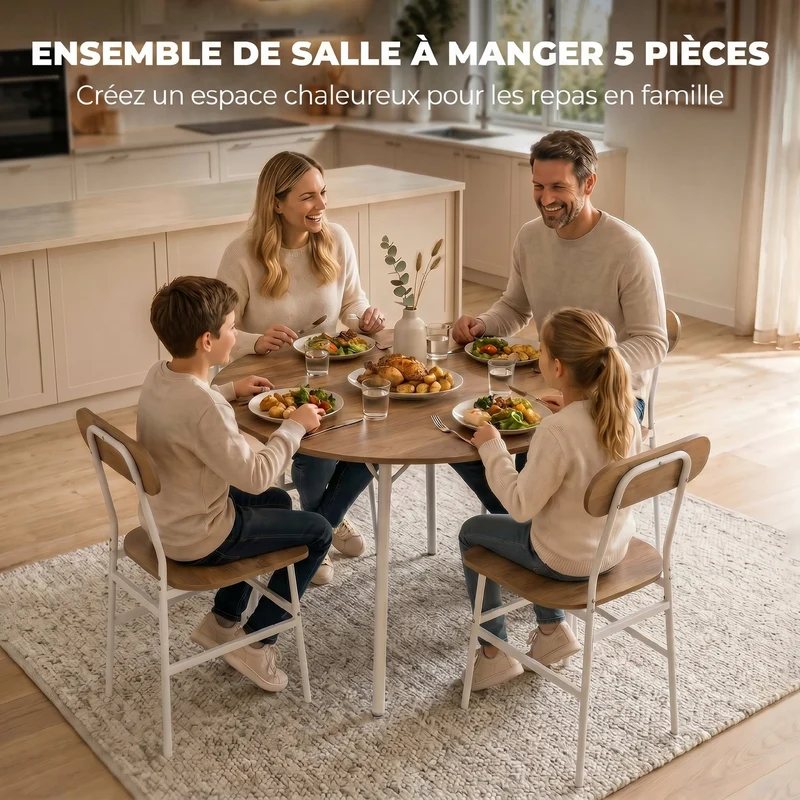 Lot de 5 ensemble table ronde salle à manger 100 x 100 x 77 cm gain de place pratique style industriel en bois naturel 21_0003410