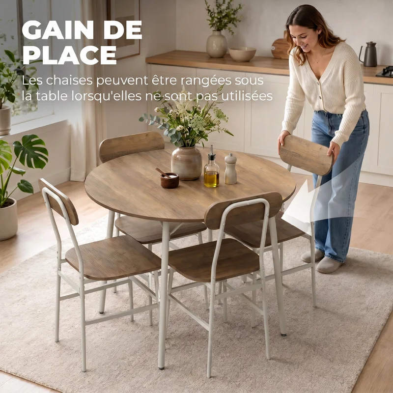 Lot de 5 ensemble table ronde salle à manger 100 x 100 x 77 cm gain de place pratique style industriel en bois naturel 21_0003410