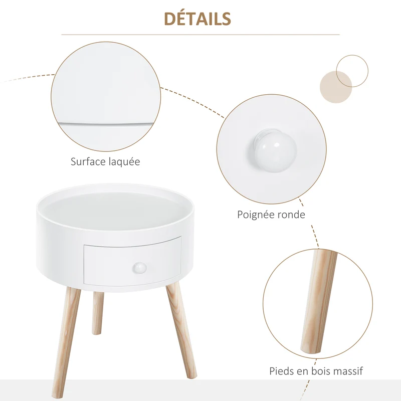 Lot de 2 tables de chevet rondes 38 x 38 x 45 cm tiroir pratique pieds effilés épuré scandinave chambre en MDF blanc 21_0001836