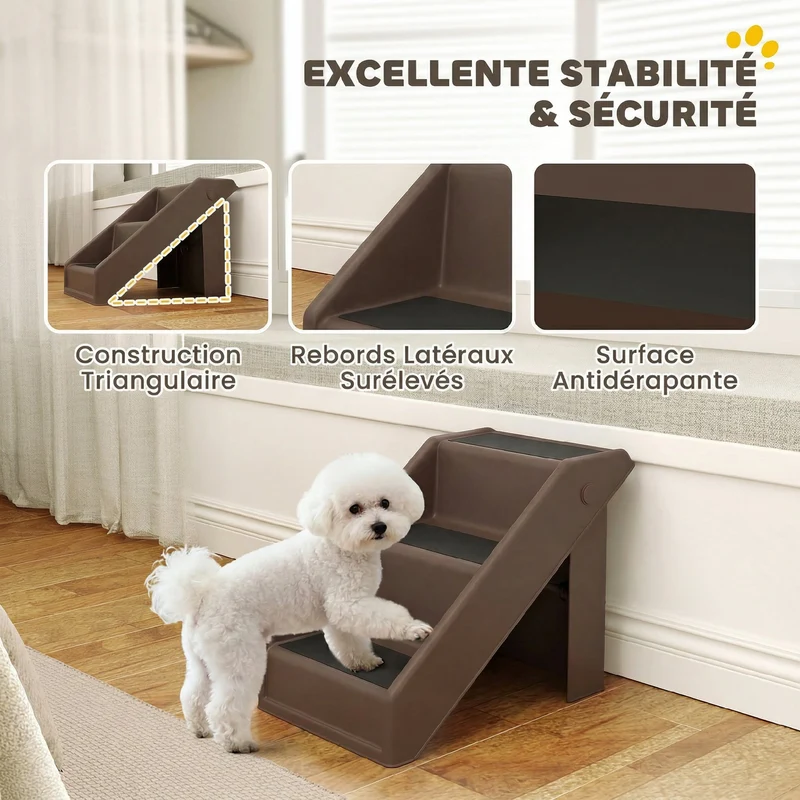 Escalier pour chien pliant à 3 marches pour canapé 53 x 30.5 x 36.5 cm antidérapant pliable moderne épuré en PP marron 21_0007487