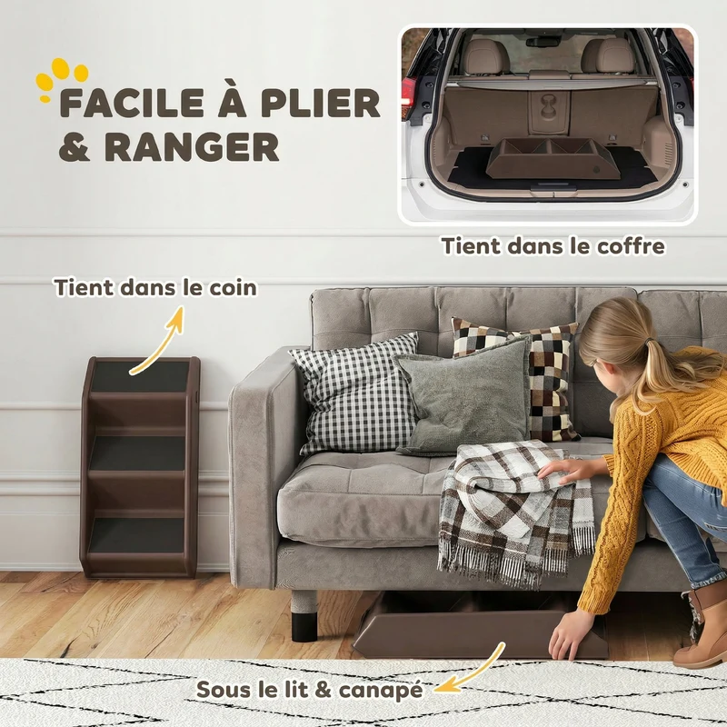 Escalier pour chien pliant à 3 marches pour canapé 53 x 30.5 x 36.5 cm antidérapant pliable moderne épuré en PP marron 21_0007487