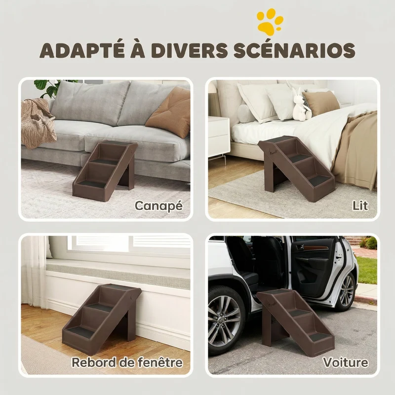 Escalier pour chien pliant à 3 marches pour canapé 53 x 30.5 x 36.5 cm antidérapant pliable moderne épuré en PP marron 21_0007487
