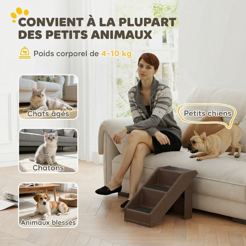 Escalier pour chien pliant à 3 marches pour canapé 53 x 30.5 x 36.5 cm antidérapant pliable moderne épuré en PP marron 21_0007487