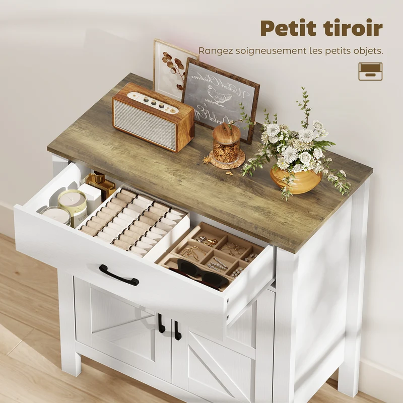 Buffet de salon portes de grange 77 x 39,3 x 81,5 cm tiroir large étagère réglable rustique ambiance cosy en MDF blanc 21_0003653