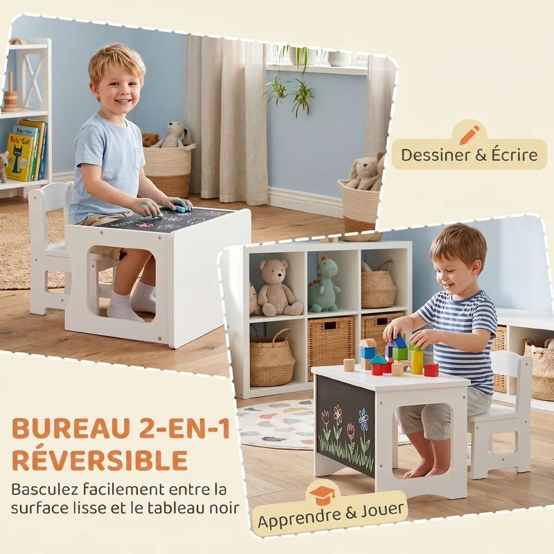 Bureau et chaise enfant 67 x 39 x 44 cm plateau réversible tableau noir bords arrondis assise scandinave en MDF blanc 21_0000239