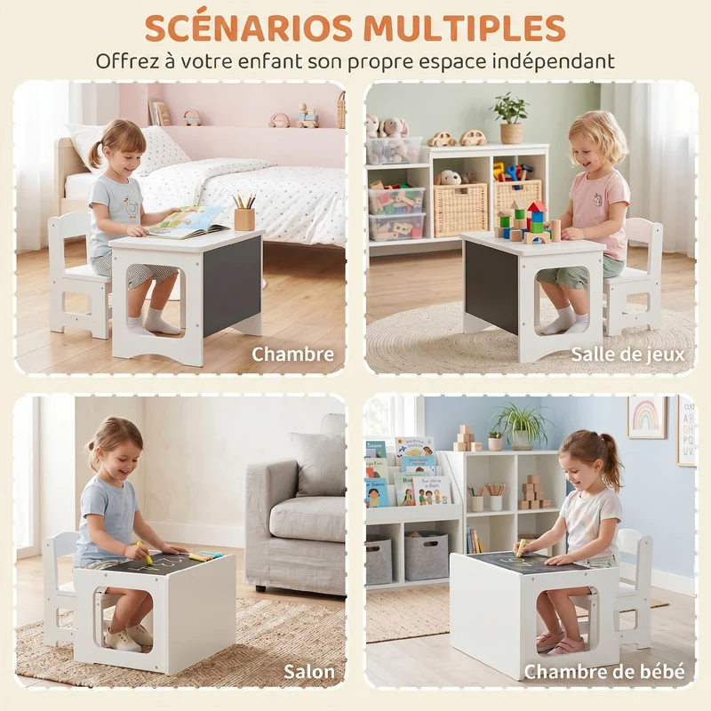 Bureau et chaise enfant 67 x 39 x 44 cm plateau réversible tableau noir bords arrondis assise scandinave en MDF blanc 21_0000239