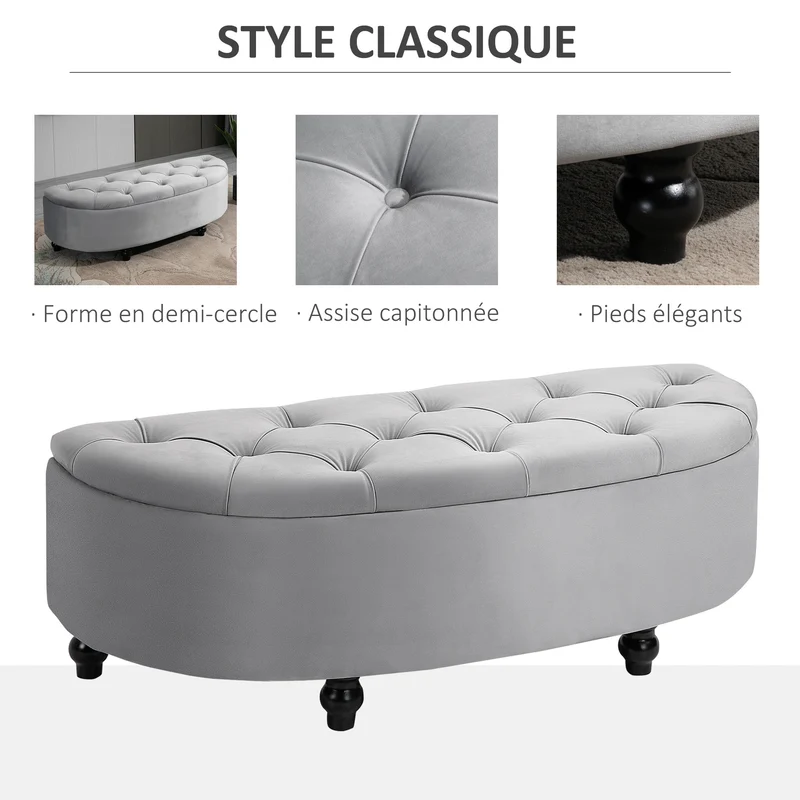 Banc de rangement demi cercle 120 x 46 x 42 cm rangement coffre capitonné avec style classique chic en velours gris clair 21_0001488