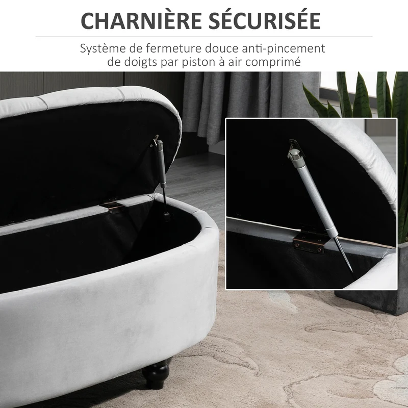 Banc de rangement demi cercle 120 x 46 x 42 cm rangement coffre capitonné avec style classique chic en velours gris clair 21_0001488