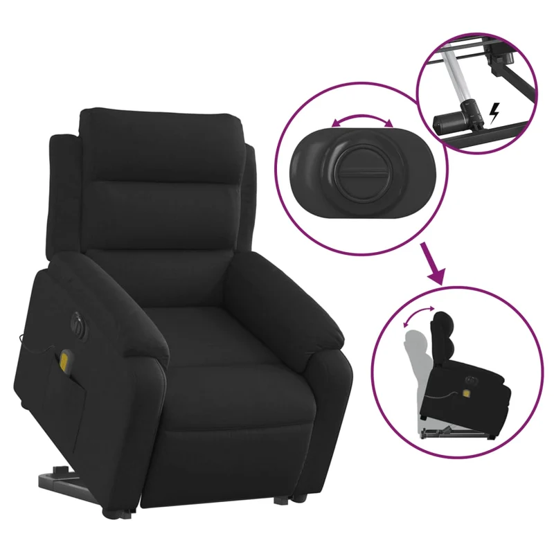 Fauteuil de relaxation fonction massage et inclinable levage électrique en tissu noir DEC027823