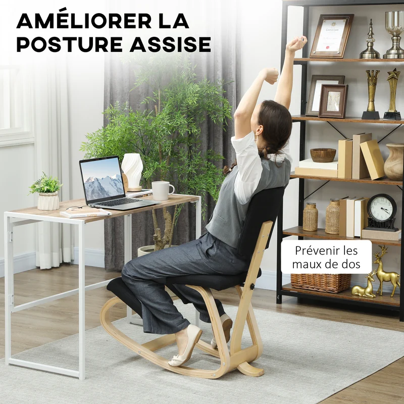 Chaise à genoux ergonomique bureau 51 x 84 x 93 cm améliore posture soulage lombaires scandinave en bois de bouleau noir 21_0006275