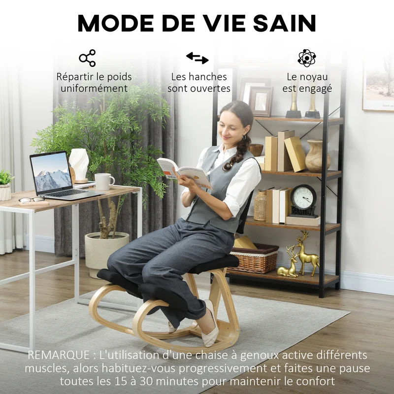 Chaise à genoux ergonomique bureau 51 x 84 x 93 cm améliore posture soulage lombaires scandinave en bois de bouleau noir 21_0006275