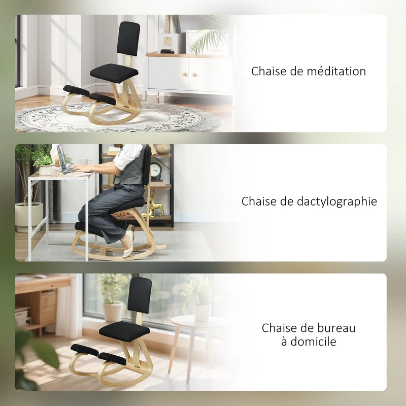 Chaise à genoux ergonomique bureau 51 x 84 x 93 cm améliore posture soulage lombaires scandinave en bois de bouleau noir 21_0006275