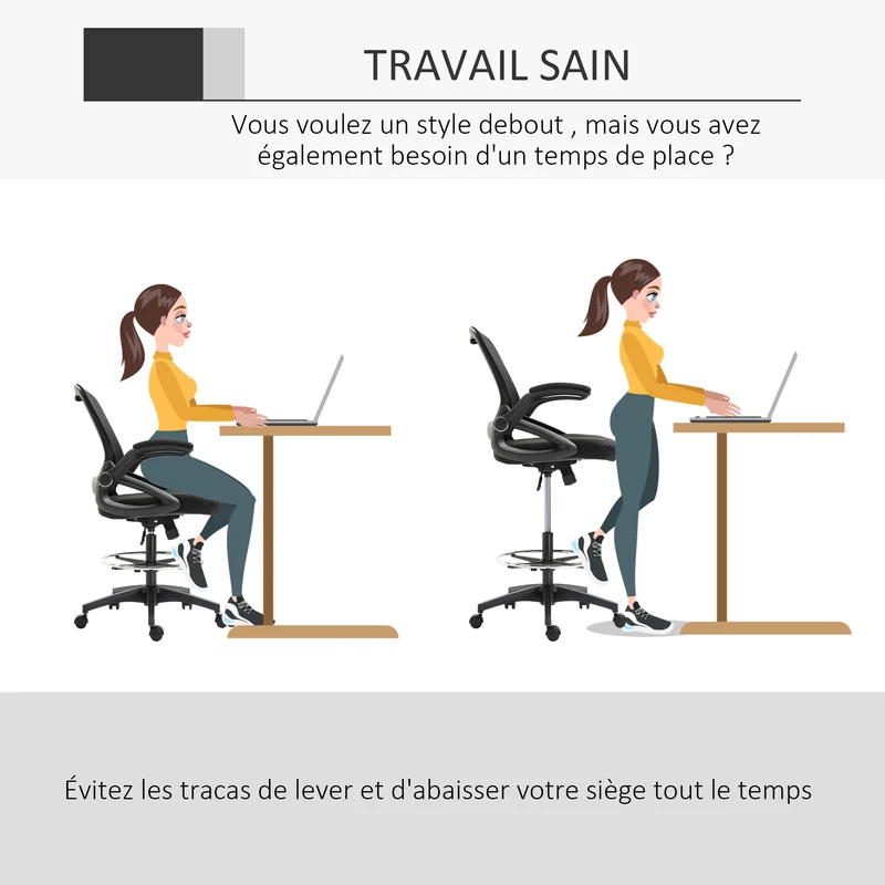 Chaise de bureau assise haute 64 x 60 x 106-126 cm ergonomique rembourrée contemporain usage professionnel en maille noir 21_0006160