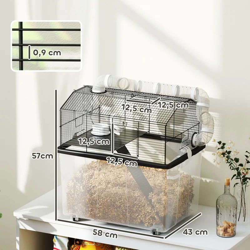Cage pour hamster portable à deux niveaux 58 x 43 x 57 cm tubes ludiques plateau amovible moderne épuré en acier noir 21_0008003