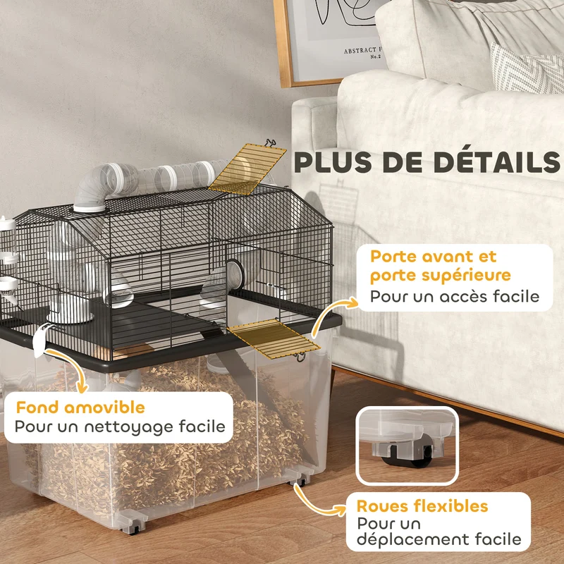 Cage pour hamster portable à deux niveaux 58 x 43 x 57 cm tubes ludiques plateau amovible moderne épuré en acier noir 21_0008003