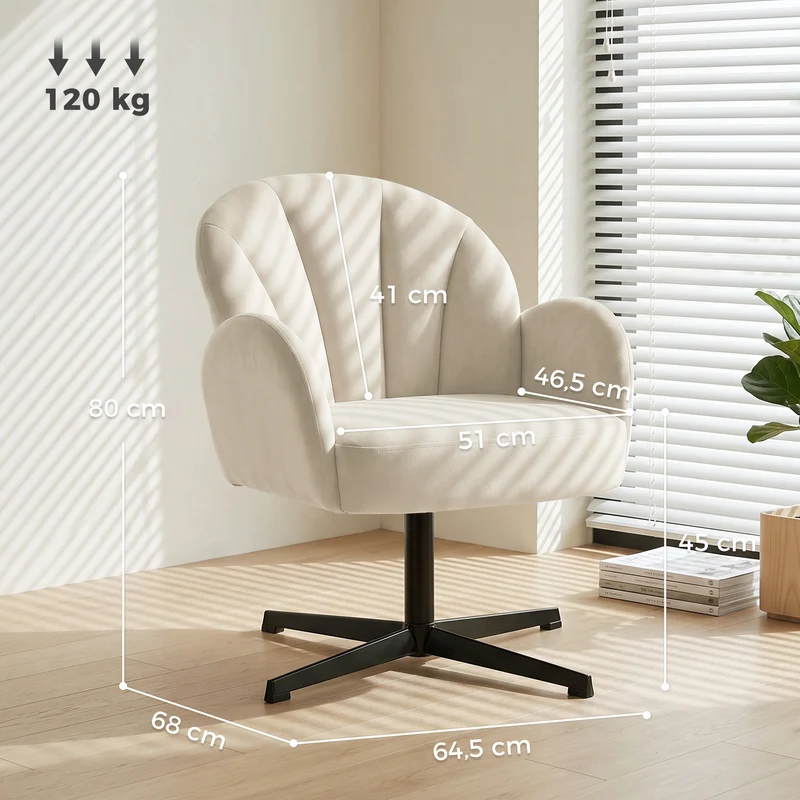 Fauteuil pivotant d'appoint coquille 64.5 x 68 x 80 cm assise 11cm ressorts dossier incurvé 360° design en velours beige 21_0003661