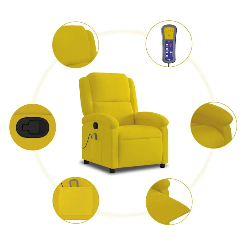 Fauteuil de relaxation TV fonction massage inclinable 6 points de massage en velours jaune DEC026982