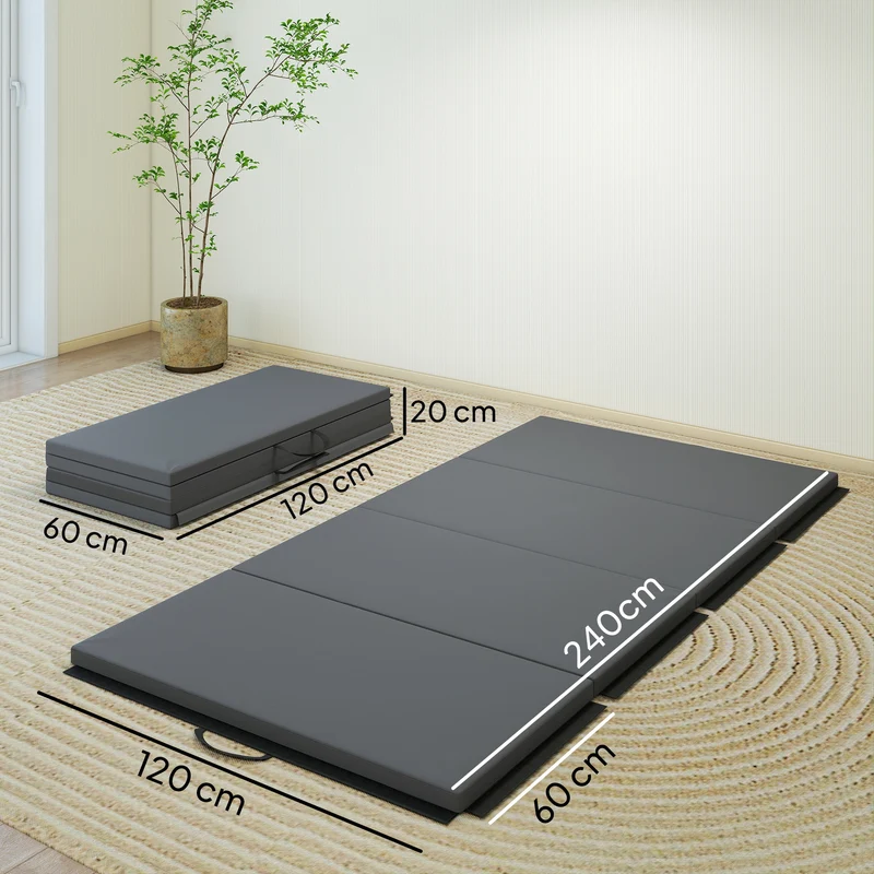 Tapis de gymnastique pliable en 4 avec poignées 240 x 120 x 5 cm antidérapant amorti épuré en polyéthylène expansé gris 21_0006593