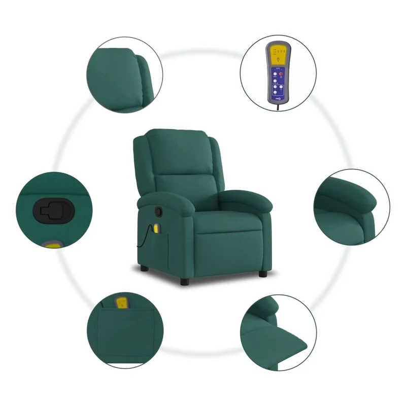 Fauteuil de relaxation TV fonction massage inclinable 6 points de massage en tissu vert foncé DEC027125