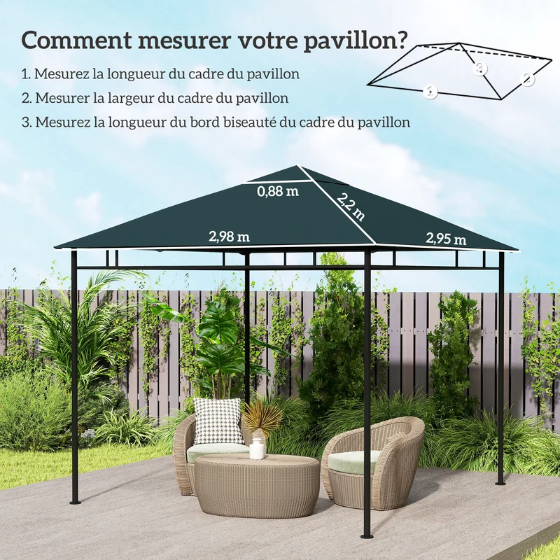Toile de rechange pour pavillon tonnelle 298 x 295 cm anti uv ventilation pratique jardin contemporain en polyester gris 21_0004760