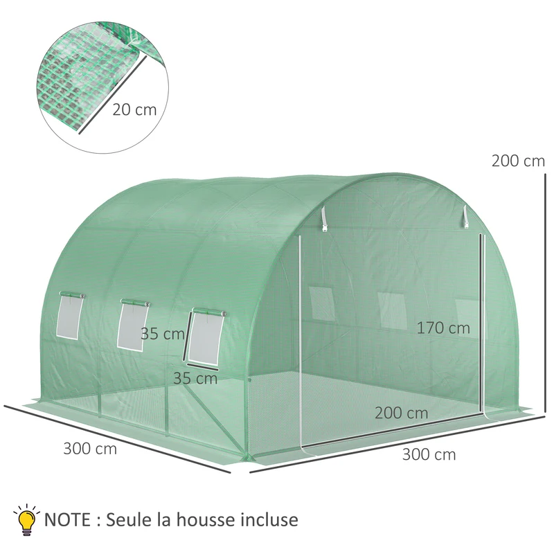 Bâche de rechange serre tunnel 3 x 3 x 2 m protection antigel aération intégrée style épuré en polyéthylène vert foncé 21_0004159
