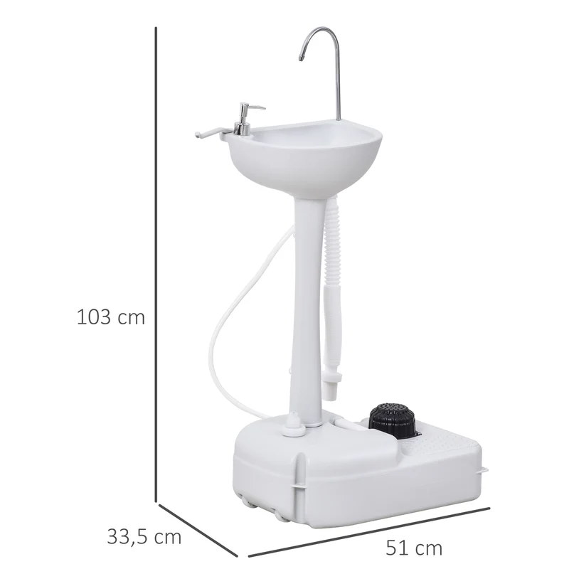 Évier portable camping lavabo mobile 51 x 34 x 103 cm pompe à pied réservoir 17 l épuré usage extérieur en hdpe gris 21_0006441