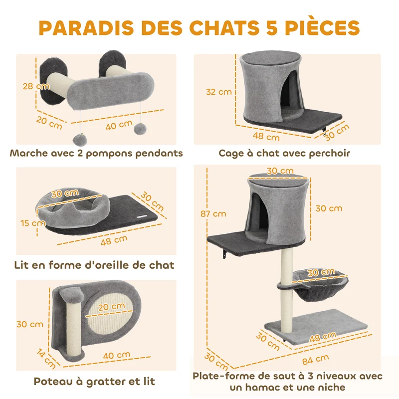 Étagères murales pour chat 84 x 30 x 87 cm jeux et repos griffoir en sisal moderne épuré en panneau de particules gris 21_0007735