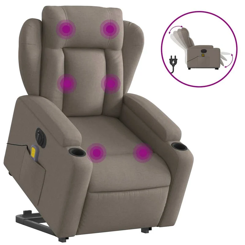 Fauteuil de relaxation fonction massage et inclinable fonction de levage électrique en tissu taupe DEC027865